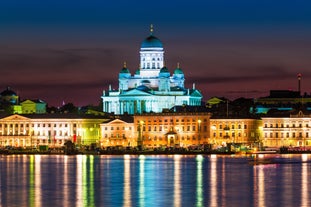 Early autumn morning panorama of the Port of Turku, Finland, with Turku Castle at background.