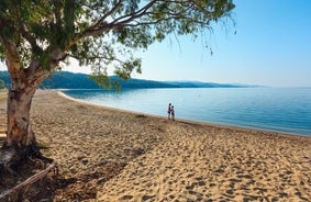 Photo of Ouranoupolis tower in Chalkidiki, Greece on a summer day.