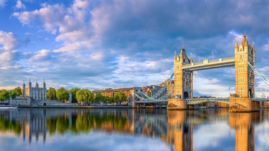 photo of panoramic view at the famous tower bridge of London in Westminster.