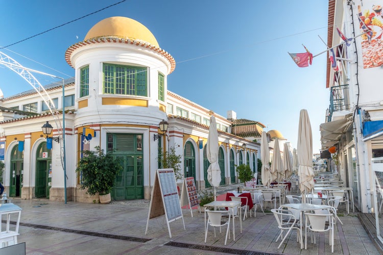 Photo of the main street with unique building in Vila Real de Santo Antonio, Algarve, Portugal.