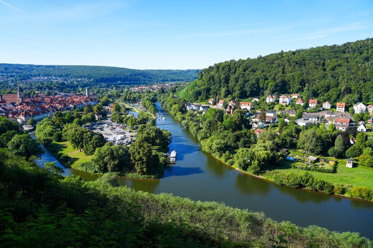 Photo of View of Hann. Münden from the Weserliedanlage. Panorama landscape from the city with the confluence of the Werra and Fulda rivers into the Weser. 