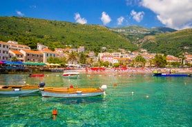 Photo of panoramic aerial view of old town of Budva, Montenegro.