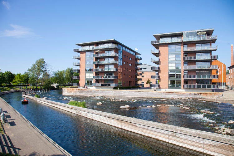 City center in Silkeborg at the river Gudenaa, Denmark