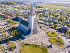 Panoramic view of Reykjavik, the capital city of Iceland, with the view of harbor and mount Esja.