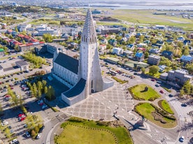 Photo of aerial view of Kópavogur, Iceland in the outskirts of Reykjavik.