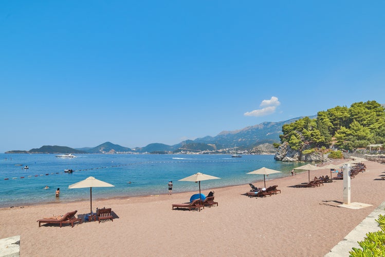 Photo of beautiful Sveti Stefan beach, Budva, Montenegro.