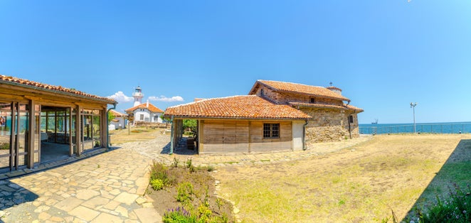 photo of view of small island of saint anastasia is a new tourist attraction in bulgaria near burgas. reconstructed museum, hotel, restaurant and lighthouse are accompanied by small cute beach.,Burgas Bulgaria.