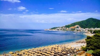 Photo of panoramic aerial view of old town of Budva, Montenegro.