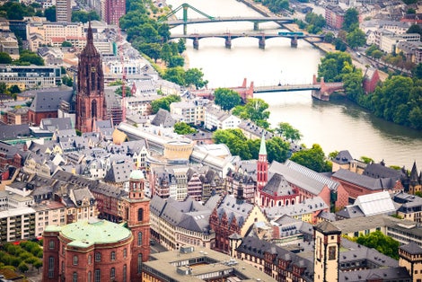 Above view at the Frankfurt old town city center - Romerberg square, St. Bartholomew cathedral and St. Paul church.