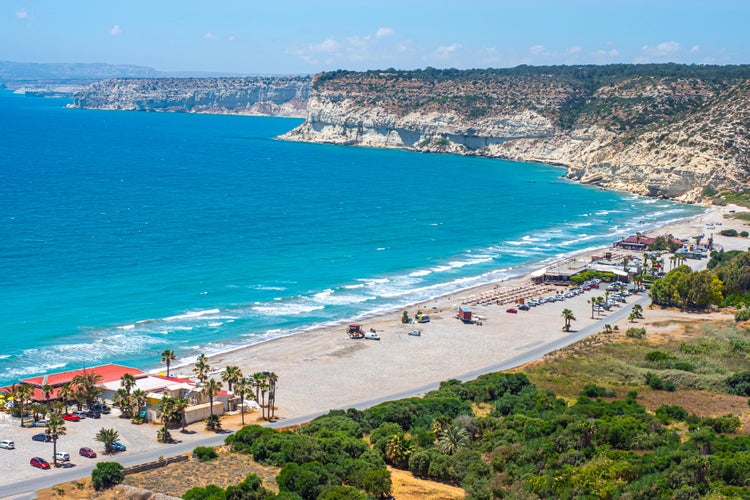 Limassol. Republic of Cyprus. Pathos. The Kourion beach top drone view. The Kourion seaside. Zapallo bay. Episkopi bay. Mediterranean rocky coast. Natural landscapes of Cyprus. Landmarks Limassol.