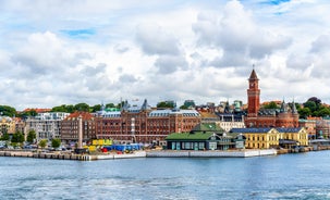 Photo of the city center and the port of Helsingborg in Sweden.