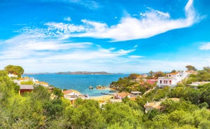 Photo of aerial view of Budoni beach on Sardinia island, Sardinia, Italy.