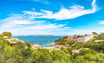 Photo of aerial view of Budoni beach on Sardinia island, Sardinia, Italy.