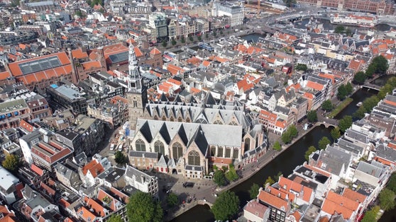 photo of aerial view of Oude Kerk in Amsterdam, the Netherlands.