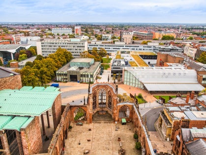 Photo of panoramic aerial view of the city of Coventry with cathedral ruins, England, UK.