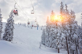 Photo of aerial view of spectacular winter landscape and mountain ski resort in French Alps ,Alpe D Huez, France.