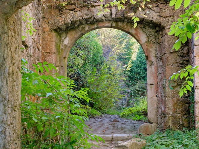 Photo of stone walls and arch doors of a medieval Samobor Castle on the hill Tepec in the town of Samobor, Croatia.