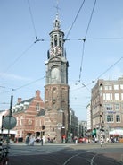 Amsterdam Netherlands dancing houses over river Amstel landmark in old european city spring landscape.