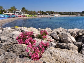 View of Mediterranean luxury resort and bay with yachts. Nice, Cote d'Azur, France. 