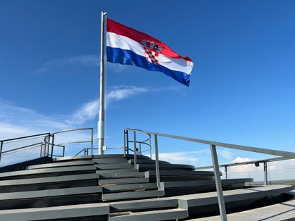 Photo of the roof structure of the Vukovar water tower with a panoramic view of Vukovar and Danube.