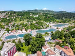 Photo of beautiful aerial view from uphill towards the town of Visoko in Bosnia and Herzegovina.