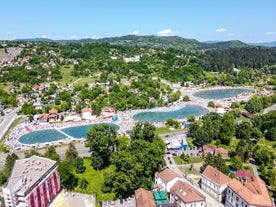 Photo of aerial view of Konjic and river Neretva, Bosnia and Herzegovina.