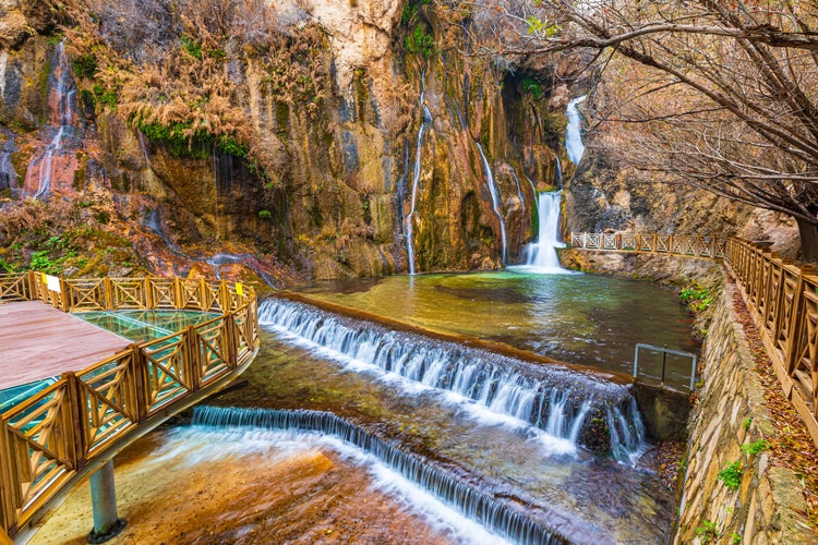 Daylight colored long exposure view of Günpınar Waterfall Nature Park. Darende, Malatya.