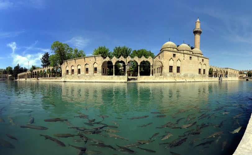 photo of view of Stitched Panorama of Balikligol (Pool of Abraham) in Sanlıurfa Turkey. A sacred lake with thousands of sacred carp and a biblical history, Şanlıurfa, Turkey.