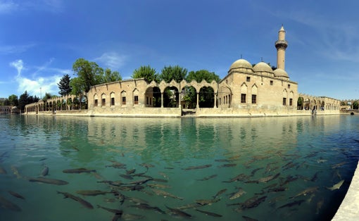 photo of view of Stitched Panorama of Balikligol (Pool of Abraham) in Sanlıurfa Turkey. A sacred lake with thousands of sacred carp and a biblical history, Şanlıurfa, Turkey.