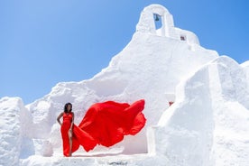 Sessão de fotos do vestido voador de Mykonos