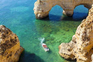 Photo of aerial amazing view of town Olhos de Agua, Algarve Portugal.