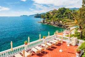 Photo of aerial view of Levanto or Levante, a beautiful fishing village in Liguria, Italy.