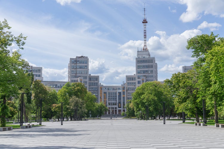 Photo of exterior of the tallest skyscraper in the soviet union era "Derzhprom" in Kharkiv city, Ukraine.