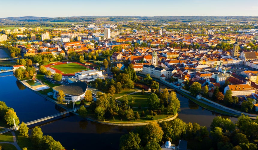 Panoramic view from above on the city Ceske Budejovice. Czech Republic