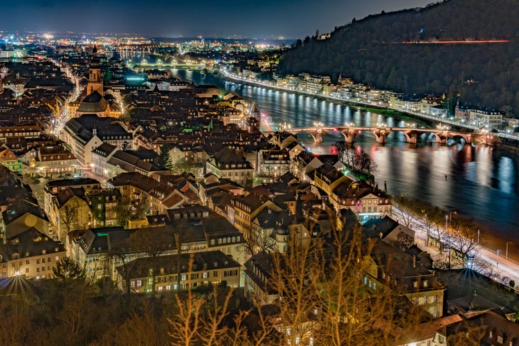 View from Heidelberg Castle park on the city with Heiliggeistkirche and Old Bridge over the Neckar