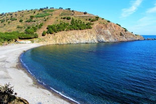 photo of aerial view of Argelès-sur-Mer with sandy beach in the Pyrénées, France.