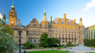 Photo of Nottingham Council House and a fountain front shot at Twilight, UK.