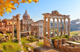 Aerial panoramic cityscape of Rome, Italy, Europe. Roma is the capital of Italy. Cityscape of Rome in summer. Rome roofs view with ancient architecture in Italy. 