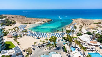 Photo of aerial view of Ayia Napa cityscape, Cyprus.