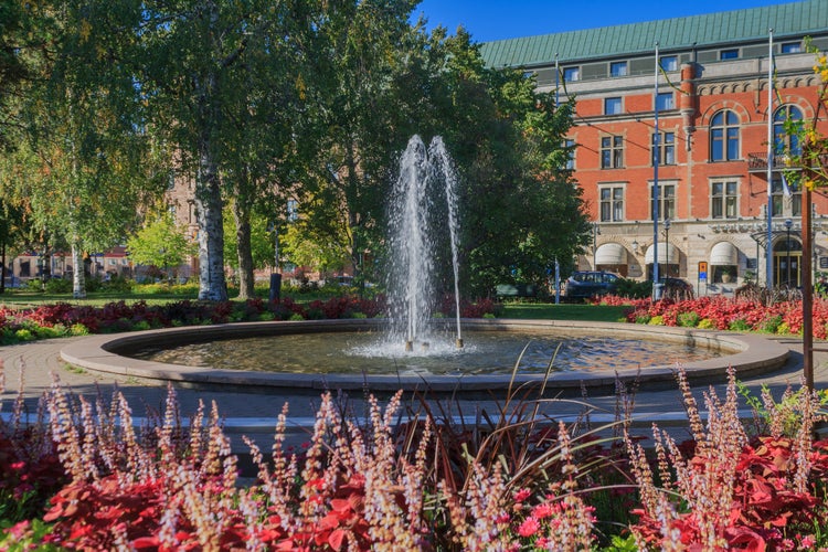 Fountain in the city park. Architecture of Lulea, Sweden.