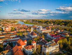 Photo of aerial view of Ukmerge city in Lithuania.