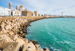 Photo of aerial view the sea of Chipiona, a coastal town in the province of Cádiz in Andalusia (Spain).