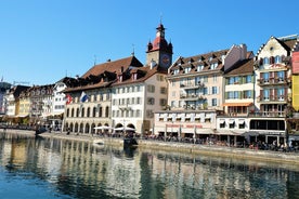 Panoramic view of historic Zurich city center with famous Fraumunster, Grossmunster and St. Peter and river Limmat at Lake Zurich on a sunny day with clouds in summer, Canton of Zurich, Switzerland