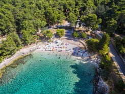 Photo of aerial view of town of Rovinj historic peninsula , famous tourist destination in Istria region of Croatia.