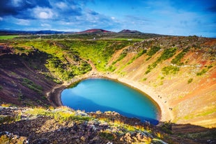 Panoramic view of Reykjavik, the capital city of Iceland, with the view of harbor and mount Esja.