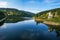 Photo of views from the barrage path of the dam in Spindleruv Mlyn Czech Republic on a gloomy summer day.