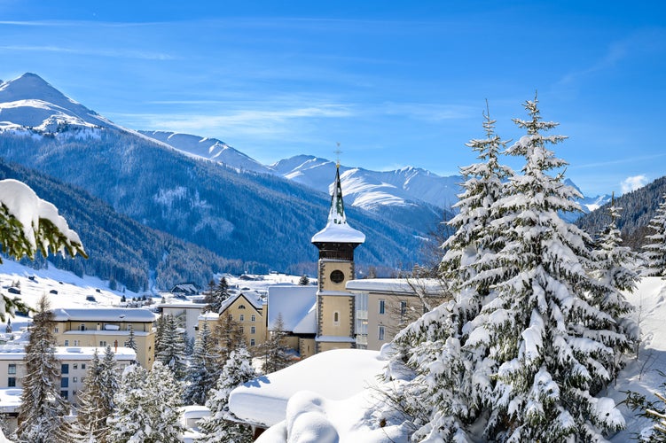 photo of landscape of ski area in winter resort Davos, Switzerland.