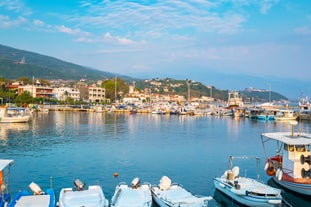 Photo of panoramic aerial view of Neos Panteleimonas beautiful town in south Pieria, Central Macedonia, Greece.