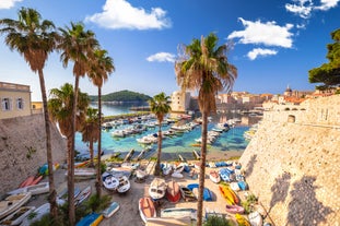 Photo of panoramic aerial view of the old town of Dubrovnik, Croatia seen from Bosanka viewpoint on the shores of the Adriatic Sea in the Mediterranean Sea.