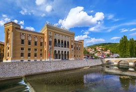 Photo of panoramic aerial view of city of Stolac and Bregava river, Bosnia and Herzegovina.